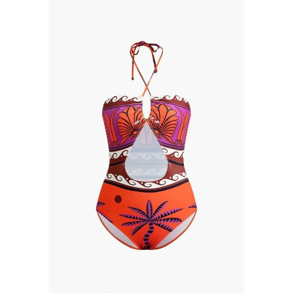 Commense Red Tropical Print One Piece Halter Cut Out Stretch Swimsuit Size Small